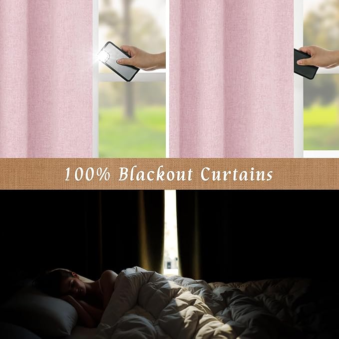 LAMIT Pink 100% Blackout Linen Curtains, 84 Inch Linen Textured Living Room Farmhouse Curtains Room Darkening Back Tab and Rod Pocket Burlap Neutral Panels with White Liner, 2 Panels, 52 x 84 Inch