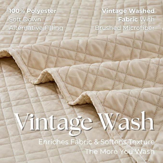 Queen Quilt Set with Shams Lightweight Quilted Bedspread Coverlet Thin Comforter Bed Cover Vintage Washed Quilted Blanket for All Season, Brushed Microfiber Diamond Stitching, Beige, 88"x92"