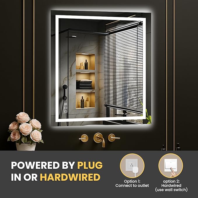 LOAAO 24"X28" LED Mirror for Bathroom, Lighted Bathroom Mirror with Lights, Anti-Fog, Dimmable, Memory Function, Easy to Install, Clear Reflection