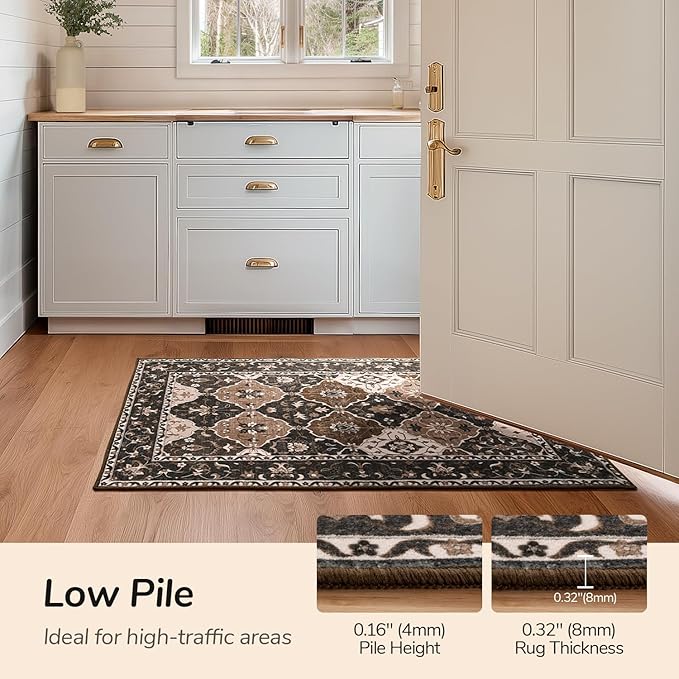 Lessymo Moroccan Washable Rugs for Entryway, Faux Wool 2x3 Small Area Rug for Kitchen Bathroom Corridor - Non-Slip Indoor Door Mat Low Plie Stain Resistant Boho Runner Rug, Taupe and Beige