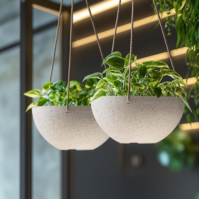 LA Jolie Muse Hanging Planters for Indoor Plants - Flower Pots Outdoor 9.84 inch Garden Planters and Pots,Speckled White Set of 2