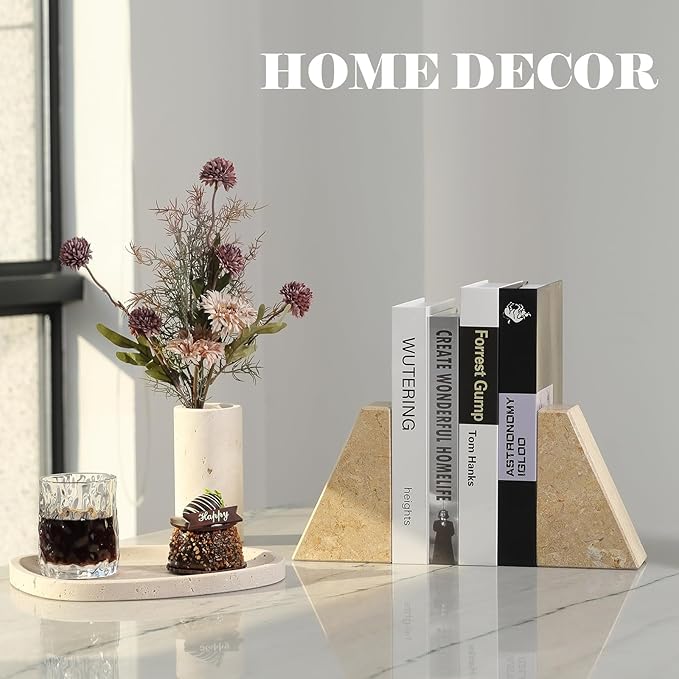 Marble Bookend for Heavy Books, Decorative Bookends for Shelves, Durable and Heavy-Duty Book End for Hardback Book & CDS, Unique Book Stopper & Holder, Pearlly Yellow, Set of 2