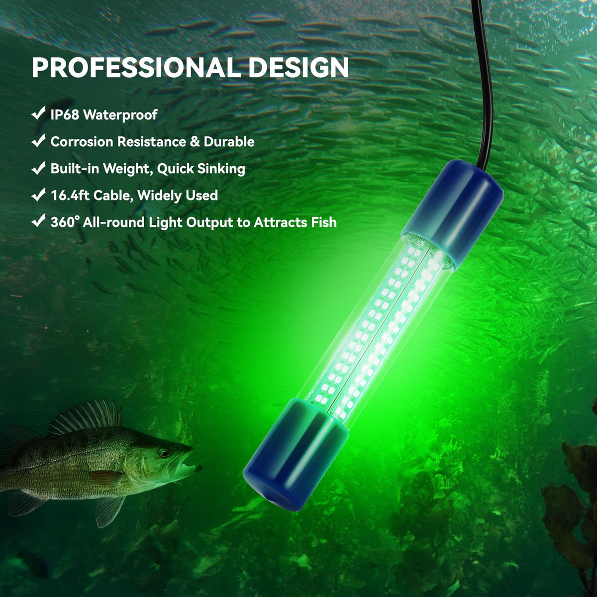 18W Green Underwater Fishing Light, IP68 Waterproof LED Fish Bait Light 1200LM Submersible Attractants Lamp on Boats/Docks for Night Snook Crappie with Battery Clips, DC 12-24V, 16.4ft Cable