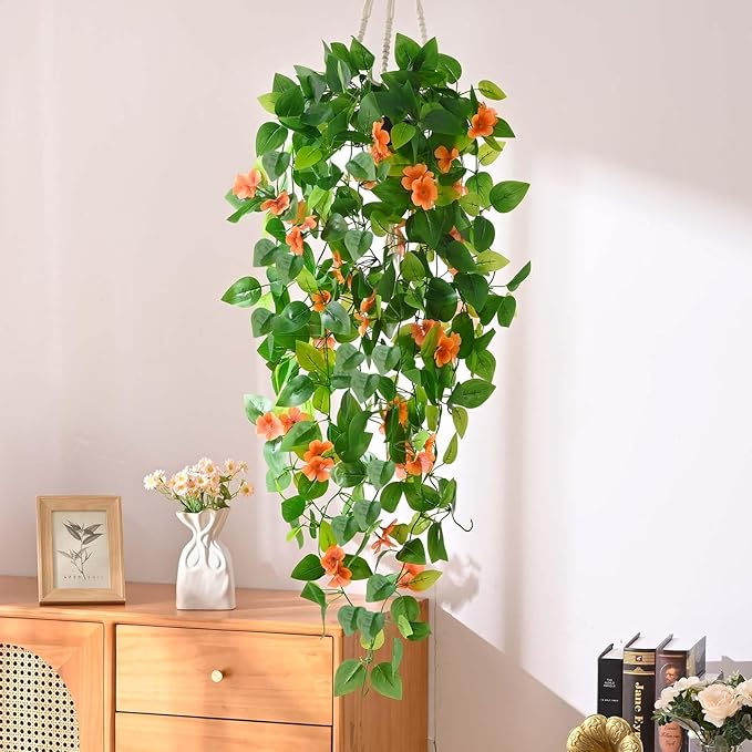 BLEUM CADE Artificial Hanging Flowers for Outdoors, 4pcs Fake Hanging Plants Pothos Vines with Orange Flowers for Wall Home Living Room Indoor Outdoor Fall Decor (No Baskets)