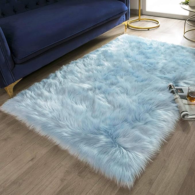 Ashler faux fur rug, Fluffy Shaggy Area Rug Ultra Soft 3 x 5 Feet Rectangle Fur Rug Light Blue Fuzzy Rug Machine Washable Shag Rug, Nursery Decor Throw Rugs for Bedroom, kids room, Living Room