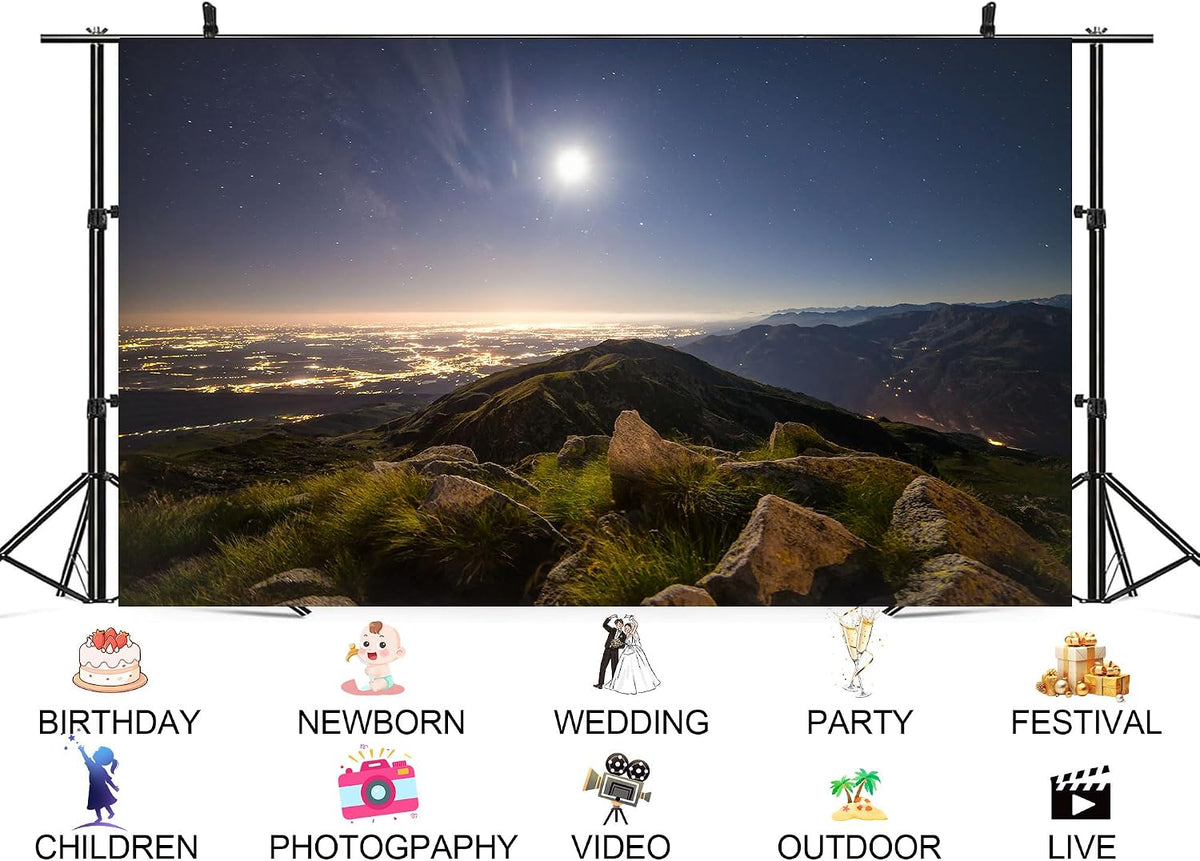 UPXIO 10x8ft Mountain Night View Backdrop with City Lights and Dark Sky Photo Background Tapestry for Evening