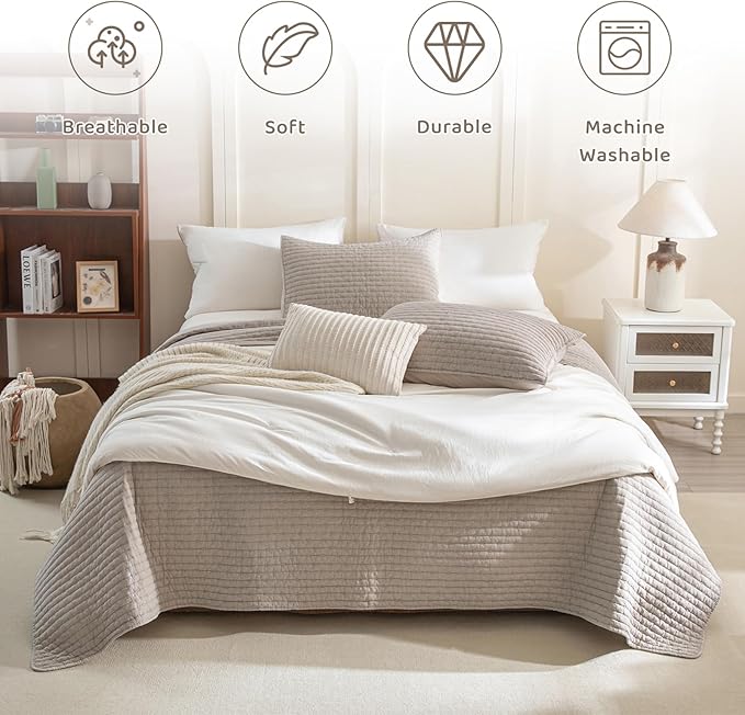Sanracie Stonewashed Cotton Coverlet Oversized King(120"x120"), Linen Colored Cross Stitch Pattern California King Quilt Sets 3Pcs Ultra Soft Lightweight Crinkle Bed Coverlet Set for All Season