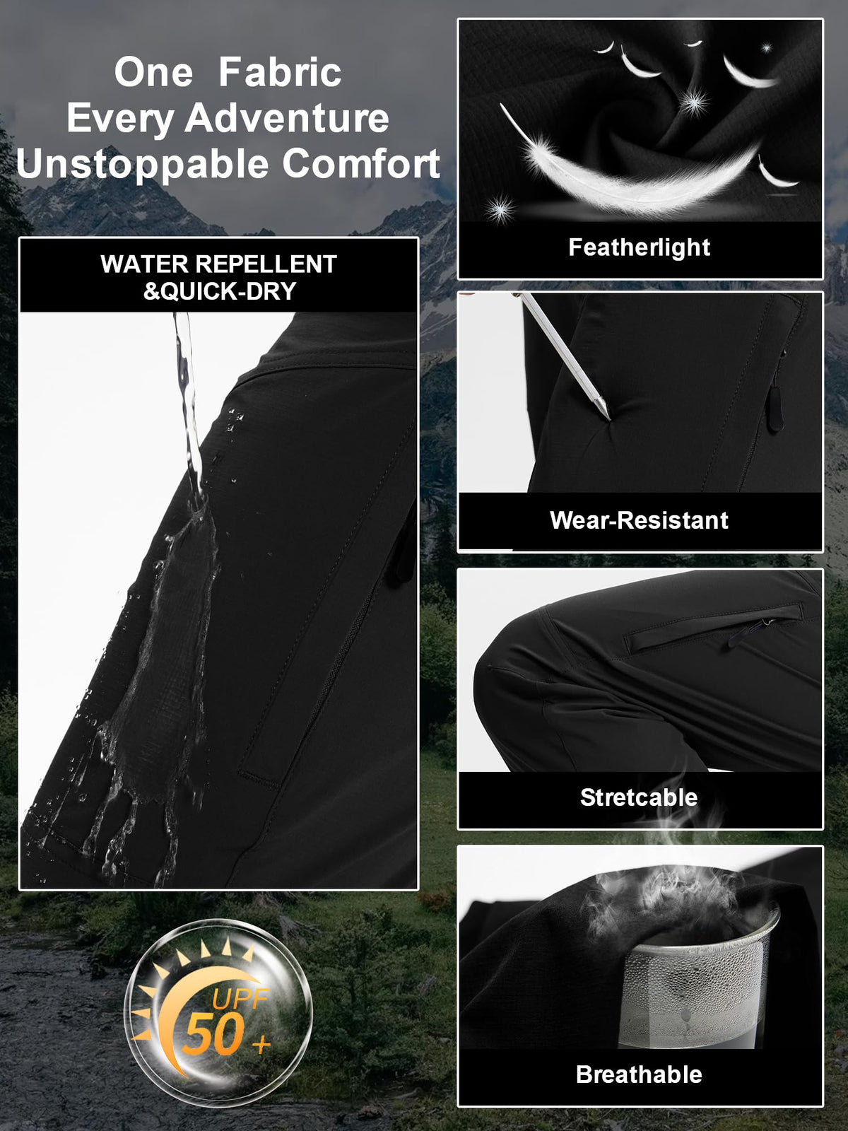Mens Hiking Cargo Work Nylon Pants - Water & Wear Resistant Breathable Lightweight Stretch Quick Dry - EDC with 6 Pocket Black