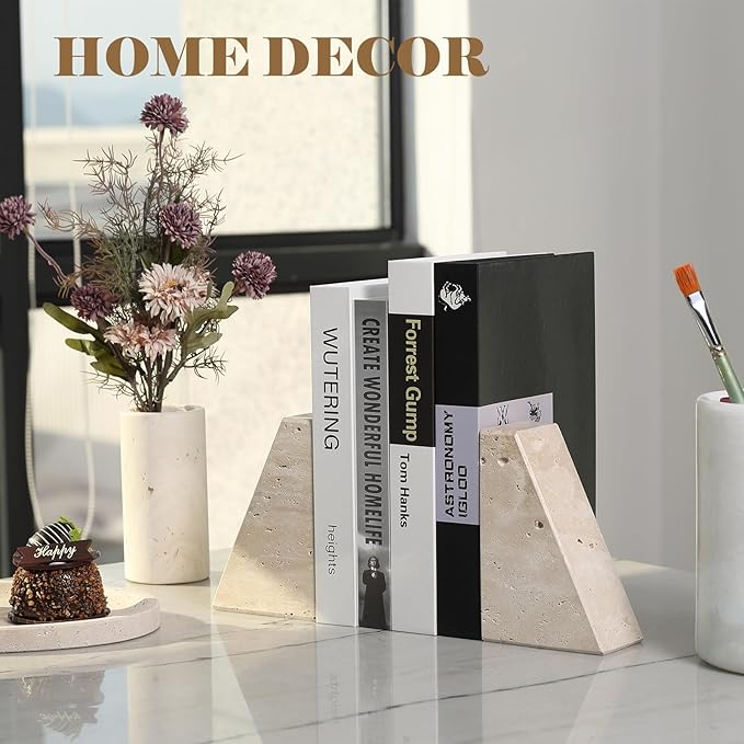 Travertine Bookends for Heavy Books, Marble Decorative Bookends for Shelves, Heavy-Duty Stone Book Ends for Hardback Book & Cookbooks, Unique Book Stopper & Holder, Travertino Italy