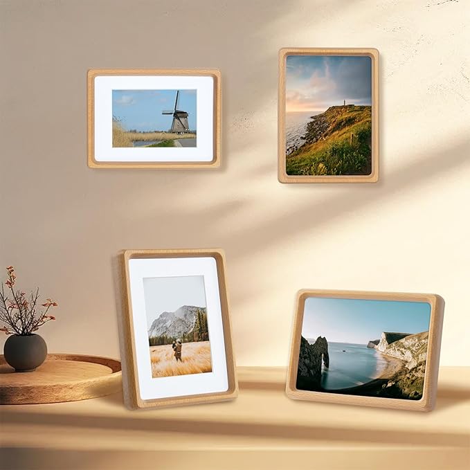 TEYCLZORE 5x7 Natural Wood Picture Frame, Handmade Beech Wood Photo Frame, Display 3.5x5 Picture with Mat or 5x7 Without Mat, Tabletop Display and Wall Hanging