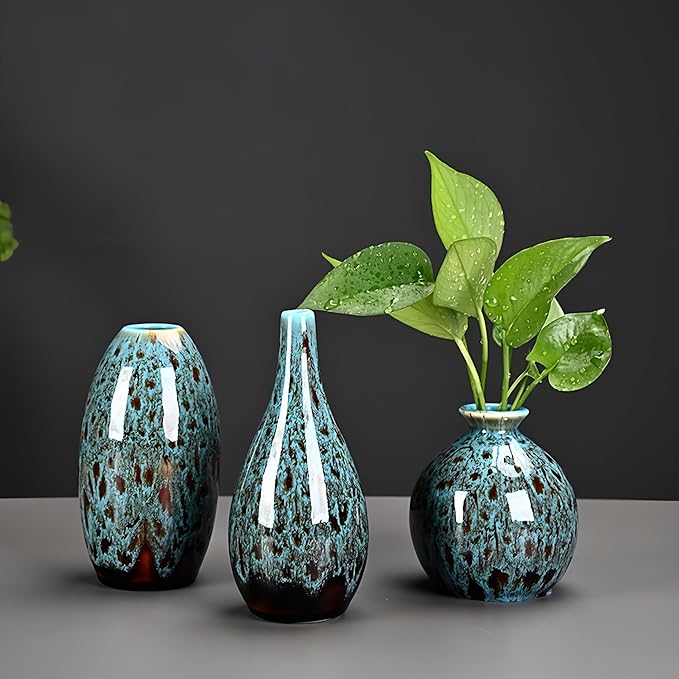 Ceramic Bud Vase Set, Fambe Blue Glazed Finish, Decorative Flower Vases (Blue-Set of 3)