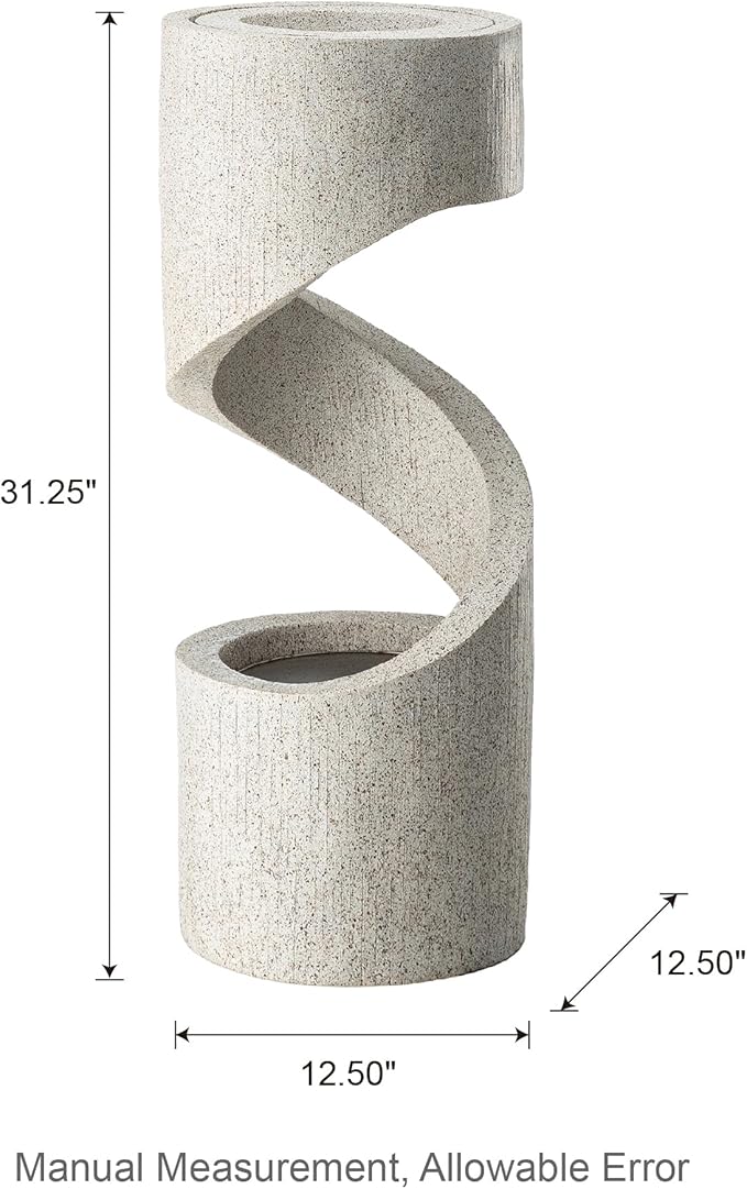 Glitzhome Decorative Tiered Outdoor Water Fountain with LED Light, Curved Waterfall Fountain with Stone Planter, Faux Terrazzo Spiral Shaped Fountains for Garden Deck Patio Porch, 31.25”H