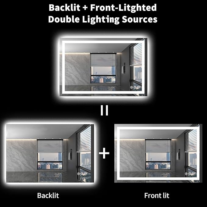LOAAO 48X36 LED Bathroom Mirror with Lights, Anti-Fog, Dimmable, Backlit + Front Lit, Lighted Bathroom Vanity Mirror for Wall, Shatter-Proof, Memory Function, ETL Listed
