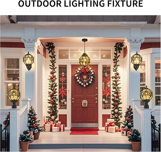 Dusk to Dawn Outdoor Lighting, Black Porch Wall Lights, Black Globe Aluminum Exterior House Lantern Wall Mount, Anti-Rust Waterproof Amber Glass Outside Light Fixtures for Patio Doorway Garage, 2pack