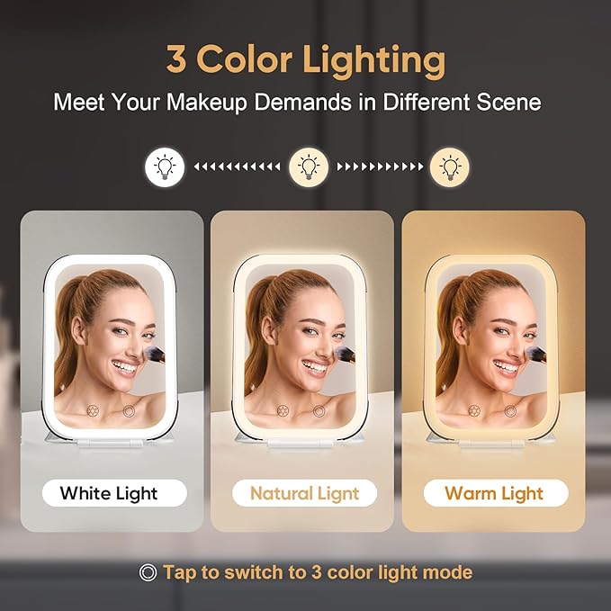 FUNTOUCH Rechargeable Travel Makeup Mirror with Lights and Small 10X Magnification,Light up Portable Vanity Mirror with 80 Leds,2000mAh Battery,Brightness Adjustable,3 Lighting, Dimming Compact Mirror