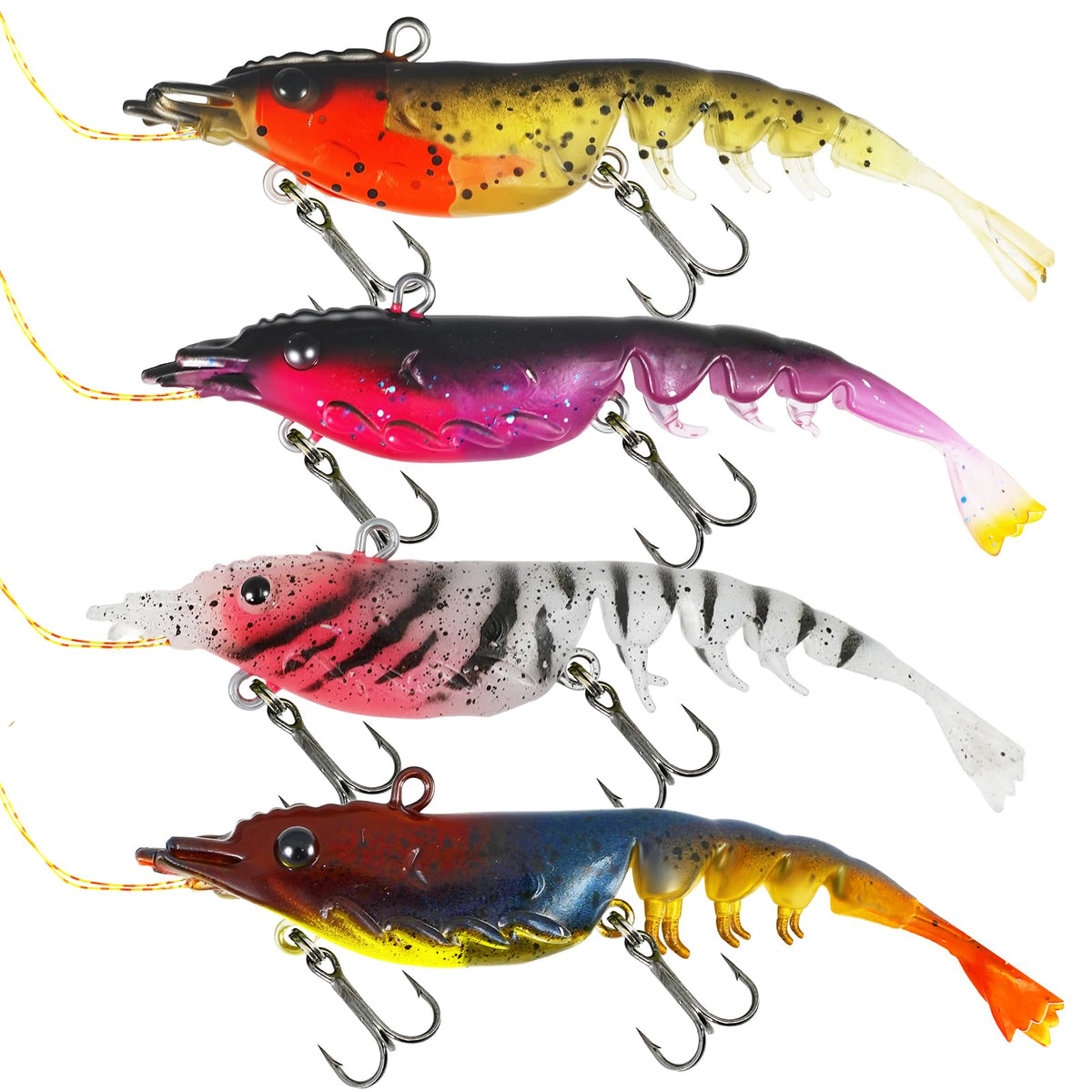 AQUAVEXIS 4pcs Fishing Lures Shrimps baits Pre-Rigged Fish Jigs - Soft Lure Bass Trout Lifelike Shrimp Crayfish Swimbait