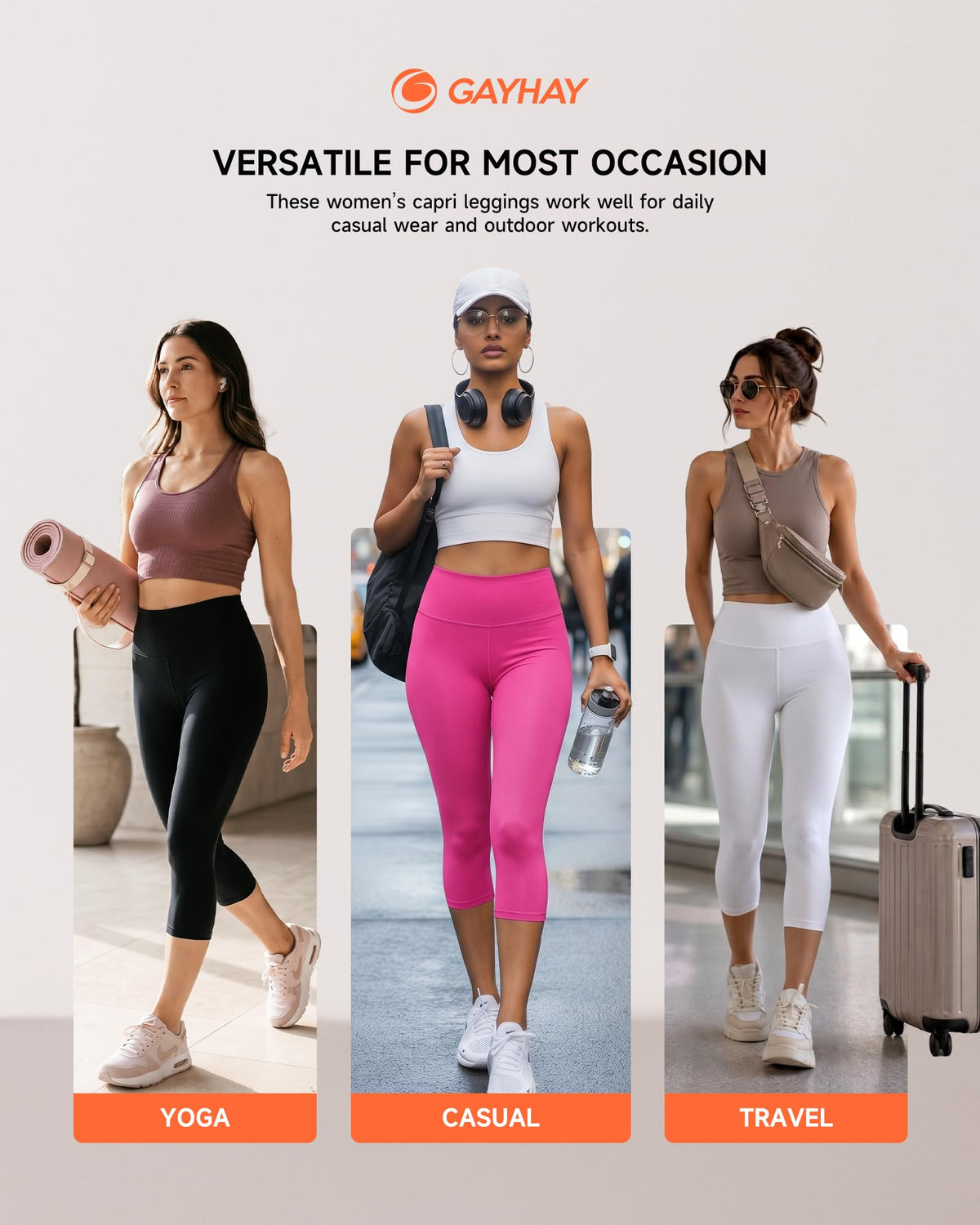 GAYHAY High Waisted Capri Leggings for Women - Soft Slim Yoga Pants for Running Cycling Workout Pink