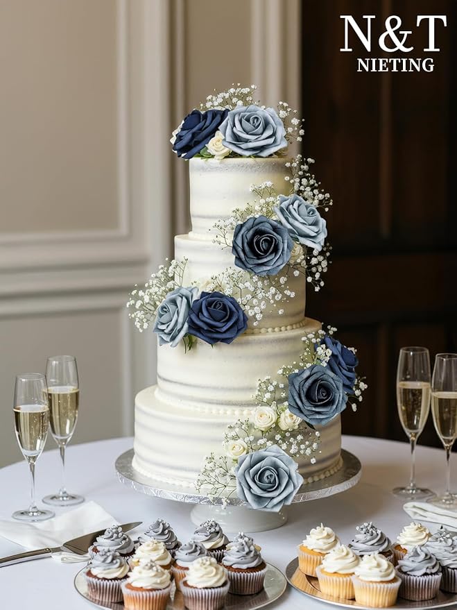 N&T NIETING Fake Roses,25pcs Artificial Flowers Dusty Blue Fake Roses Faux Flowers Fake Flowers for DIY Wedding Bouquets Centerpieces Floral Arrangements Home Decorations Shades of Navy Blue