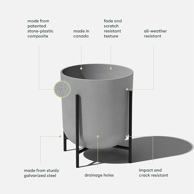 Veradek Mason Series Raised Lima Planter - Round Planter for Patio/Balcony | Plastic-Stone Composite w/Metal Plant Stand | Modern Décor for Plants