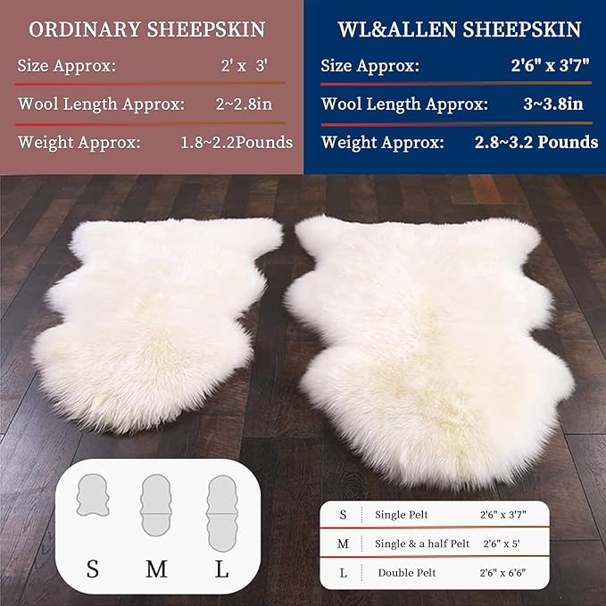 WL&ALLEN Large Sheepskin Rug Genuine Thick and Lush 3 Inch Pile，Luxury Australian Pelts |Large Sheepskin Wool Area Rugs (Single & a Half Pelt 2'6" x 5',Grey Tip)