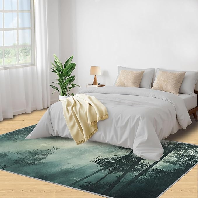 Forest Rug for Living Room, Misty Forest 6x9 Area Rug Natural Landscape Rug for Bedroom Non-Slip Indoor Floor Carpet, Low Pile Resistant Carpet for Dining Room, Office, Home Decor
