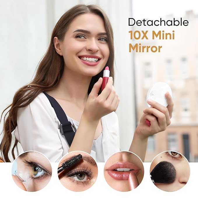 FUNTOUCH Rechargeable Travel Makeup Mirror with Lights and Small 10X Magnification,Light up Portable Vanity Mirror with 80 Leds,2000mAh Battery,Brightness Adjustable,3 Lighting, Dimming Compact Mirror
