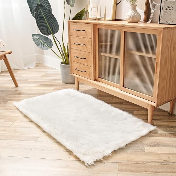 Ashler Faux Fur Rug - Fluffy Shaggy Area Rug, Ultra Soft 2.2 x 4 Feet Rectangle, White Fuzzy Machine Washable Shag, Nursery Decor Throw for Bedroom, Kids Room, Living Room