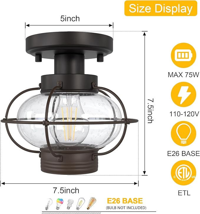 Kalium Porch Ceiling Light Fixture, Outdoor Flush Mount Ceiling Light with Glass Globe Shade, E26 Standard Base Industrial Farmhouse Lamp for Hallway Bedroom Balcony Porch Stairway