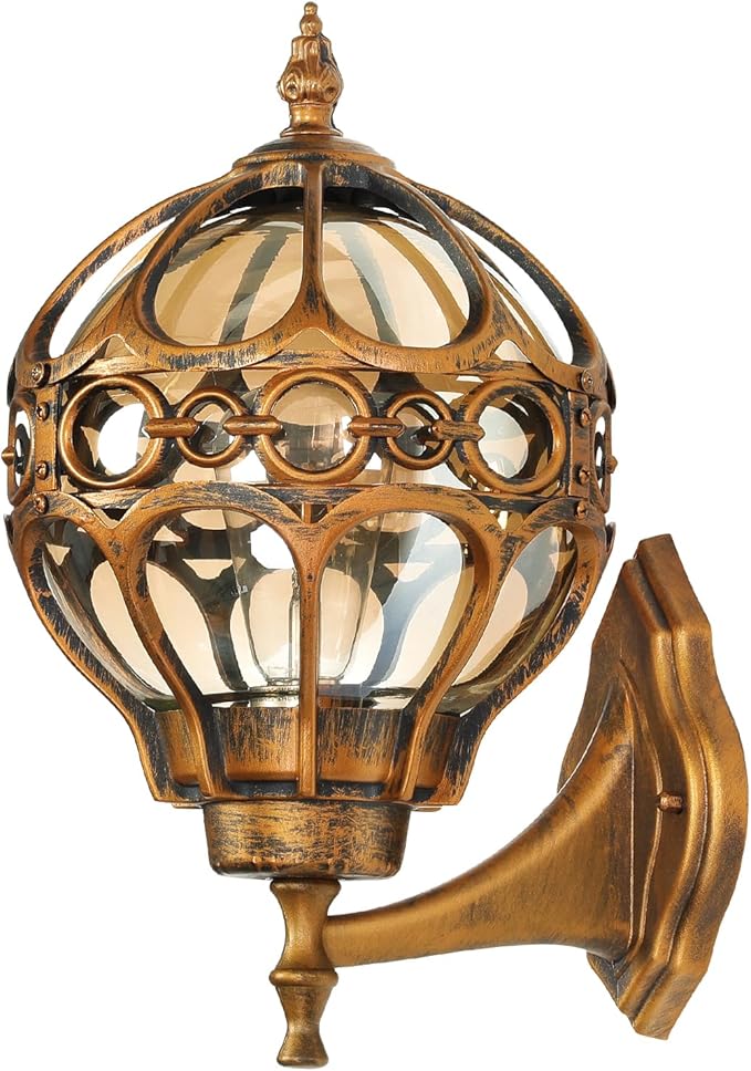 Gold Outdoor Wall Light Fixtures, Globe Exterior Aluminum Waterproof Porch Lights, Sphere Anti-Rust Outside Lantern Wall Mount with Amber Glass for Patio Backyard Garage Doorway Front Door