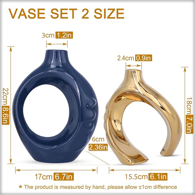 Navy Blue Home Decor Ceramic Vase, Navy Blue Gold Round Vase with Holes Set of 2, Suitable for Wedding Entrance Decoration, Bookshelf, Mantel, Unique Home Decor (Blue Gold)