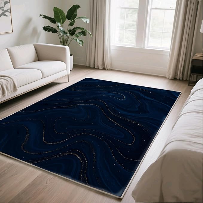 Luxury Marble Rug - 5x6 Area Rug, Navy Blue Marble Area Rugs, Modern Abstract Carpet, Washable & Non Slip & Soft Rugs Home Decor