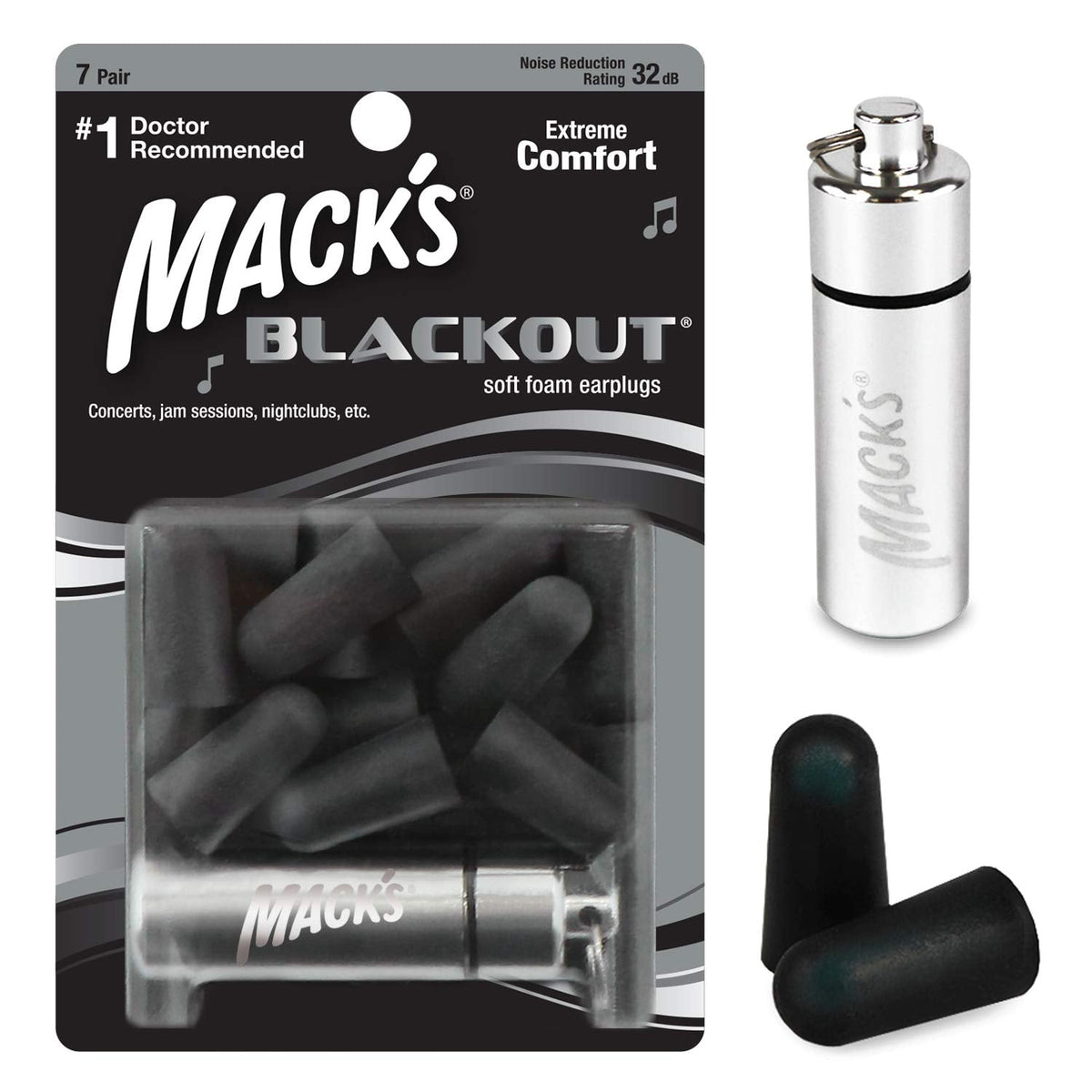 Mack's Blackout Soft Foam Earplugs, 7 Pair with Travel Case - 32 dB Highest NRR, Comfortable Ear Plugs for Concerts, Jam Sessions, Nightclubs, Loud Events and Shooting Sports