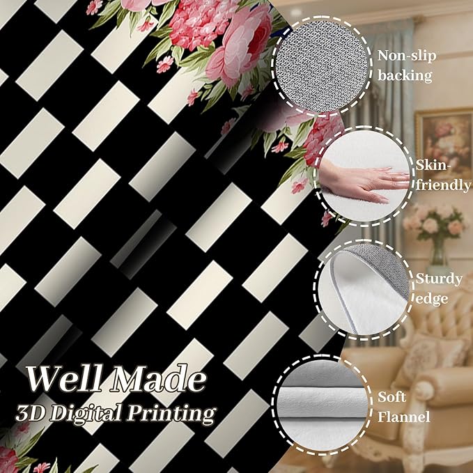 Checkered Floral Design Runner Rug for Entryway, 2x7ft, Pink Rose Luxury Fall Decor Area Carpets for Bedroom, Absorbent Machine Washable Shed Resistant Non-Slip Throw Rugs for Entry