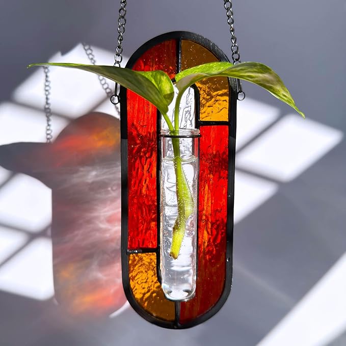 LITMIND Transparent Stained Glass Propagation Station - Handcrafted Suncatcher Hanging Planter with 2 Glass Tubes, Multi-Color Hydroponic Wall Décor for Windows, Home & Garden