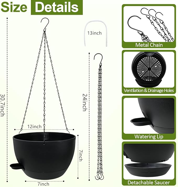 WOUSIWER Self Watering Hanging Planters, 2 Pack 12'' Plastic Pots with Drainage Holes & Reservoir Tray (Black) | Indoor & Outdoor Use for Ferns, Ivy, Herbs, Succulents