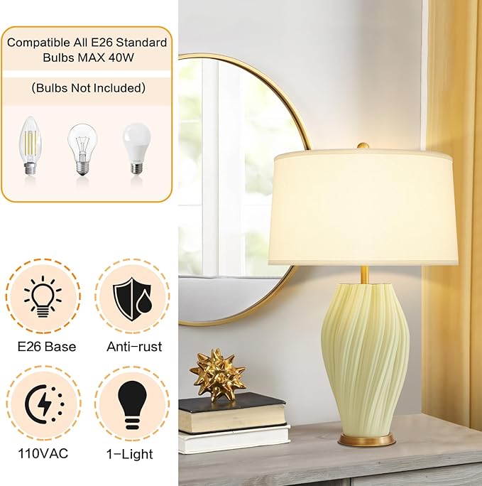 Modern Textured Ceramic Large Table Lamps 26.75", Sage Green Plug in Table Lamp Decor for Living Room Bedroom Bedside Tables Office Desk End