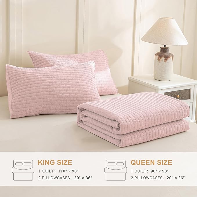 Sanracie Cotton Quilt Set King Size(110"x98"), Light Pink Ultra Soft Stonewashed Crinkle Quilt Bedspread Set 3Pcs Cross Stitch Pattern Lightweight Breathable Bed Coverlet Set for All Season