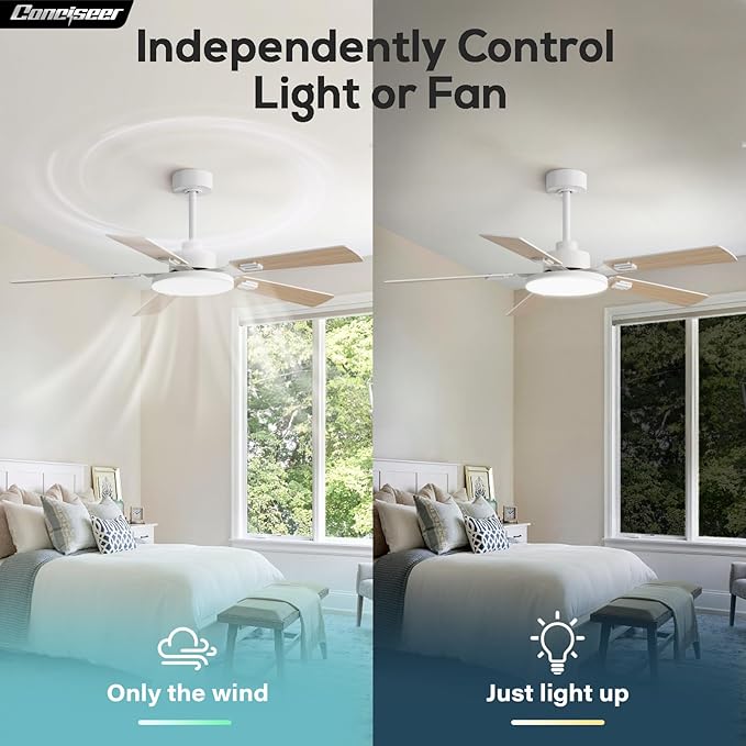 52 Inch Ceiling Fans with Lights and Remote for Bedroom Living Room Kitchen Office, Indoor/Outdoor Use, 5CCT Dimmable, 5 Blades, 6 Speed Reversible Quiet DC Motor, White/Wood Grain