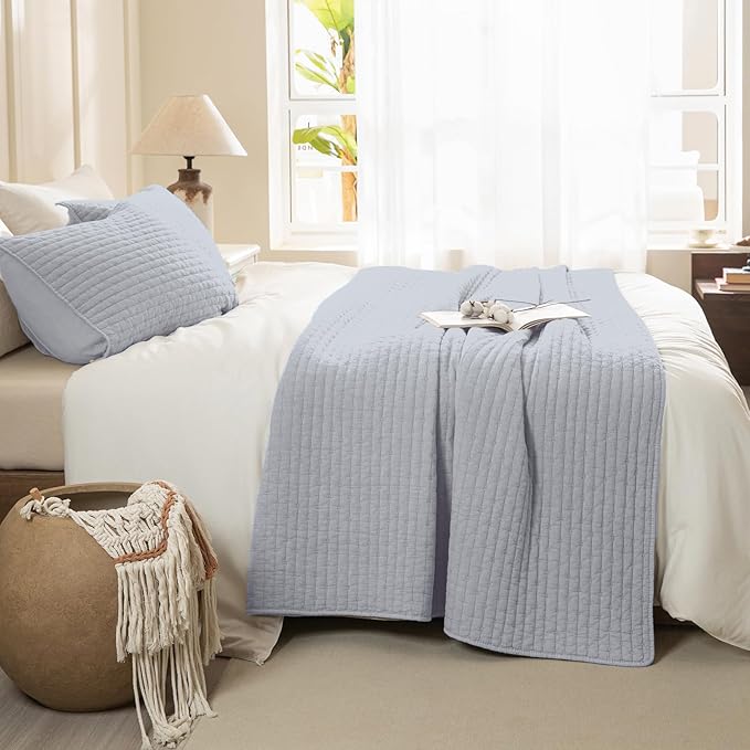 Sanracie Stonewashed Cotton Coverlet Queen Size(90"x98"), Ultra Soft Cornflower Blue Crinkle Quilt Bedding Set 3Pcs Cross Stitch Pattern Lightweight Breathable Bedspread Set for All Season