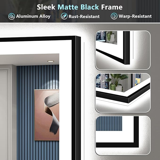 66x40 Black Framed LED Bathroom Mirror with Lights, Backlit and Front Lit, Anti-Fog Lighted Vanity Mirrors for Bathroom Wall, Dimmable, 3-Color Light, Memory, Shatter-Proof, HD Tempered Glass