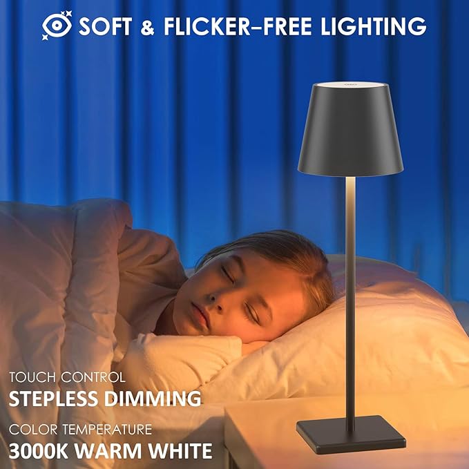 2-Pack LED Cordless Table Lamp, Rechargeable Battery Desk lamp 3W 5500mAh Battery Operated Stepless Dimming Modern Portable Table Light for Restaurant/Dinner/Bedroom/Outdoor IP54 Waterproof (Black)