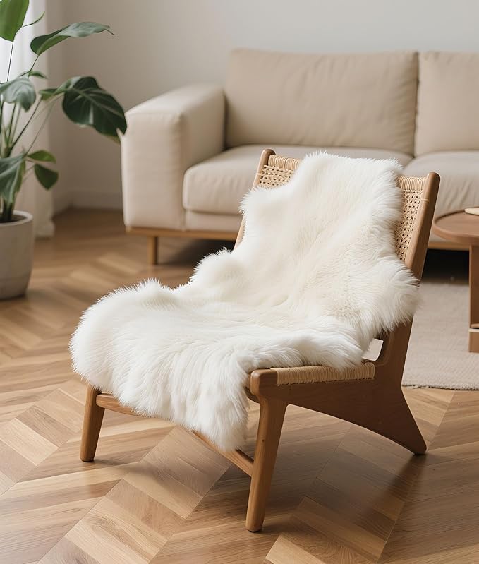 DPB Genuine Sheepskin Area Rug, 100% New Zealand Genuine Natural Luxury Fluffy Lambskin Throw for Sofa Chair Seat Cove Living Room Bedroom (Lvory, 2x3Ft)