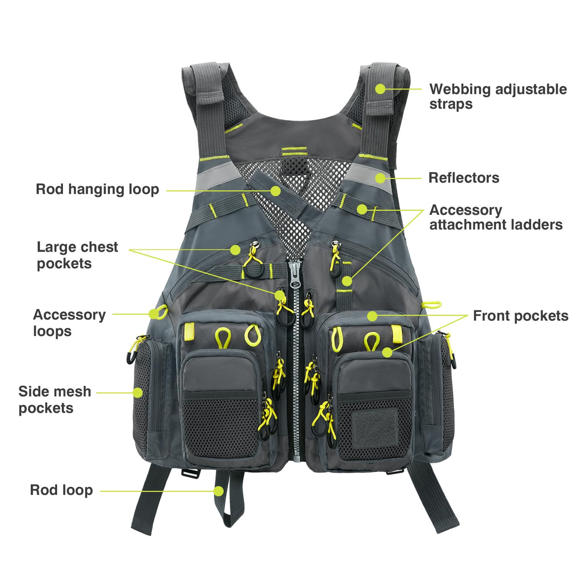 Gonex Fly Fishing Vest for Men Women, Comfortable Adjustable Fishing Vest with Multi-Pockets Reflective Stripes, Gray+Yellow