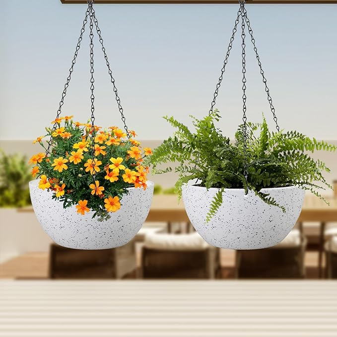12 inch Large Hanging Planters for Indoor Outdoor Plants, 2 Pack Hanging Flower Pots with Drainage Holes and Chain for Garden Porch, Plastic Hanging Baskets for House Plants, Speckled White