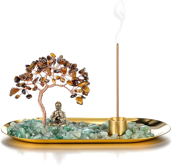 Jovivi Crystal Incense Holder for Sticks, Tiger Eye Healing Crystal Stone Money Tree Buddha Statue Set Incense Burner, Incense Trays for Wealth, Good Luck,Yoga Meditation Home Decor