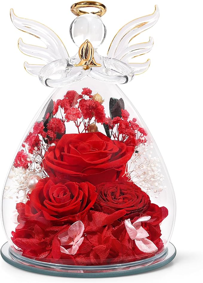 Gifts for Women Preserved Rose Forever Flower in Glass Angel Figurines Fresh Flowers for Delivery Prime Mothers Day Birthday Gifts for Mom Real Red Roses for Grandma Sister Wife Her from Daughter