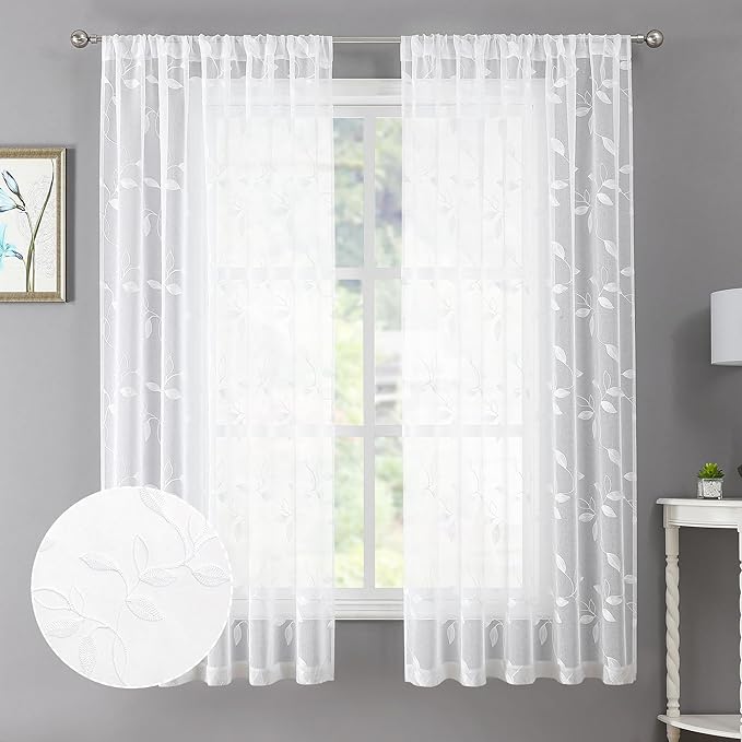 Tollpiz White Leaf Sheer Curtain Leaves Embroidered Living Room Short Curtains Rod Pocket Voile Window Treatment for Bedroom, 54 x 54 inches Long, Set of 2 Panels