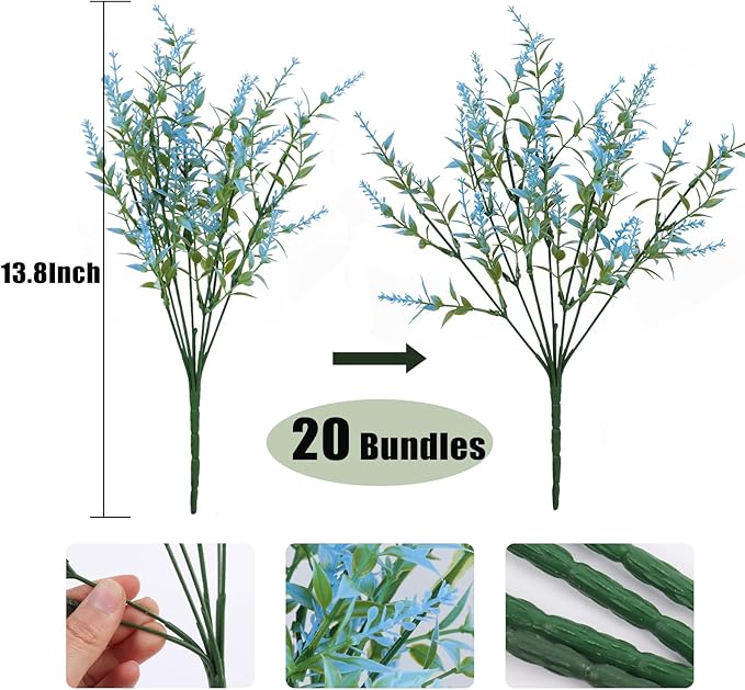 RECUTMS 20 Bundles Outdoor Artificial Flowers UV Resistant Fake Outdoor Plants, Faux Greenery for Indoor Outside Hanging Plants Garden Porch Window Box Home Wedding Farmhouse Décor(Blue)