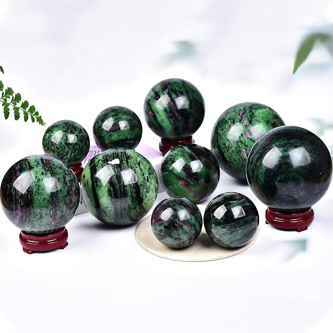 JIC Gem Crystal Sphere Ruby Zoisite Healing Ball With Wood Base - Red&Green Treasure Gemstone for Reiki Chakra Decor (70-80mm)