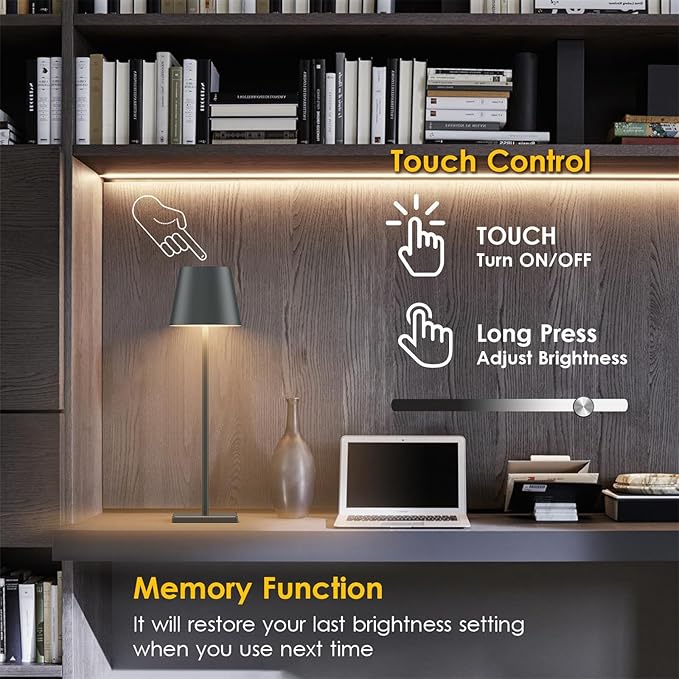 2 Packs LED Cordless Table Lamp, Rechargeable Battery Desk lamp 5500mAh Battery Operated Stepless Dimming Modern Portable Table Light for Restaurant/Table/Bedroom/Outdoor IP54 Waterproof (Anthracite)